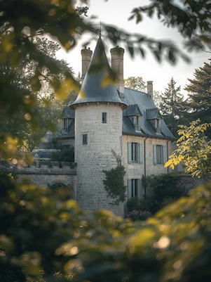 Photographic image of a small French castle with soft natural light Photographic image of a small French castle with soft natural light
